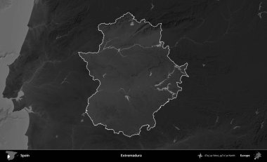 Extremadura. İspanya 'nın idari alanı belirtilmiş ve koyu gri tonlu yükseklik haritasına göre özetlenmiştir