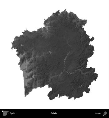 Galiçya. İspanya 'nın idari bölgesi gri ölçekli yükseklik haritasında beyaza izole edildi
