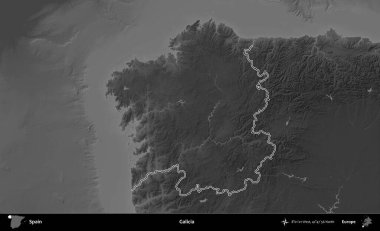 Galiçya. İspanya 'nın idari bölgesi gri ölçekli yükseklik haritasında belirtilmiştir
