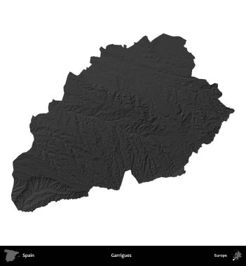 Garrigues. İspanya 'nın idari bölgesi gri ölçekli yükseklik haritasında beyaza izole edildi