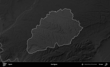 Garrigues. İspanya 'nın idari alanı belirtilmiş ve koyu gri tonlu yükseklik haritasına göre özetlenmiştir