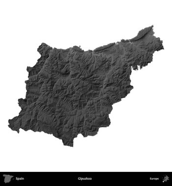 Gipuzkoa. İspanya 'nın idari bölgesi gri ölçekli yükseklik haritasında beyaza izole edildi