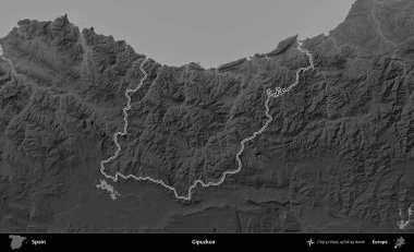 Gipuzkoa. İspanya 'nın idari bölgesi gri ölçekli yükseklik haritasında belirtilmiştir