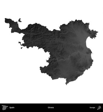 Girona. İspanya 'nın idari bölgesi gri ölçekli yükseklik haritasında beyaza izole edildi