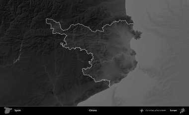 Girona. İspanya 'nın idari alanı belirtilmiş ve koyu gri tonlu yükseklik haritasına göre özetlenmiştir