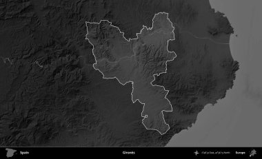 Kızlar. İspanya 'nın idari alanı belirtilmiş ve koyu gri tonlu yükseklik haritasına göre özetlenmiştir