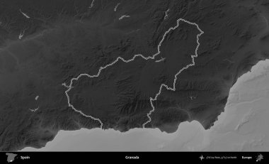 Granada. İspanya 'nın idari bölgesi gri ölçekli yükseklik haritasında belirtilmiştir