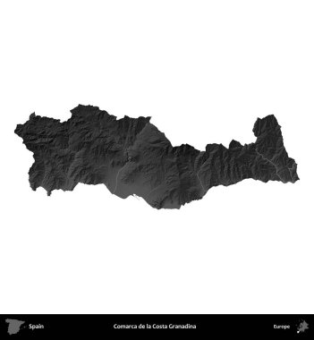Comarca de la Costa Granadina. İspanya 'nın idari bölgesi gri ölçekli yükseklik haritasında beyaza izole edildi