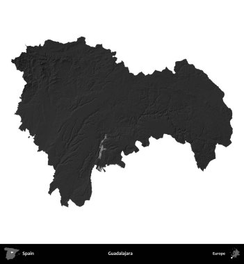 Guadalajara. İspanya 'nın idari bölgesi gri ölçekli yükseklik haritasında beyaza izole edildi