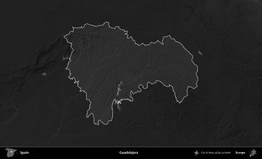 Guadalajara. İspanya 'nın idari alanı belirtilmiş ve koyu gri tonlu yükseklik haritasına göre özetlenmiştir