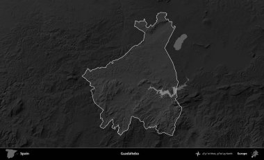 Guadalteba. İspanya 'nın idari alanı belirtilmiş ve koyu gri tonlu yükseklik haritasına göre özetlenmiştir