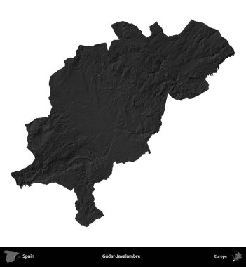 Gudar-Javalambre. İspanya 'nın idari bölgesi gri ölçekli yükseklik haritasında beyaza izole edildi