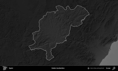 Gudar-Javalambre. İspanya 'nın idari alanı belirtilmiş ve koyu gri tonlu yükseklik haritasına göre özetlenmiştir