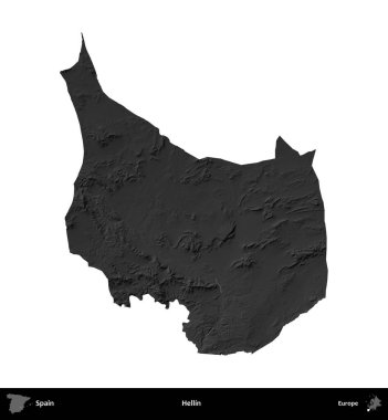 Hellin. İspanya 'nın idari bölgesi gri ölçekli yükseklik haritasında beyaza izole edildi