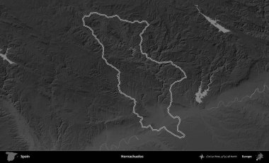 Hornachuelos. İspanya 'nın idari bölgesi gri ölçekli yükseklik haritasında belirtilmiştir