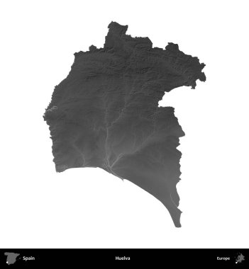 Huelva. İspanya 'nın idari bölgesi gri ölçekli yükseklik haritasında beyaza izole edildi