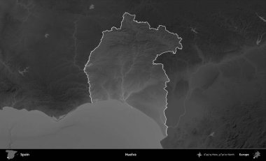 Huelva. İspanya 'nın idari alanı belirtilmiş ve koyu gri tonlu yükseklik haritasına göre özetlenmiştir