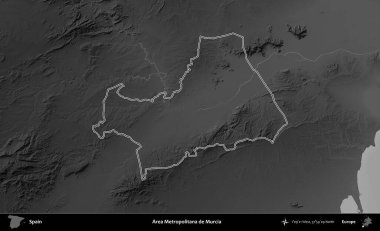 Metropolitana de Murcia bölgesi. İspanya 'nın idari bölgesi gri ölçekli yükseklik haritasında belirtilmiştir