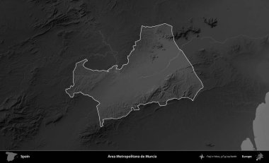 Metropolitana de Murcia bölgesi. İspanya 'nın idari alanı belirtilmiş ve koyu gri tonlu yükseklik haritasına göre özetlenmiştir