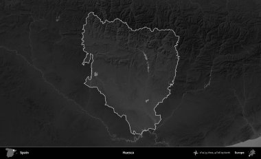 Huesca. İspanya 'nın idari alanı belirtilmiş ve koyu gri tonlu yükseklik haritasına göre özetlenmiştir