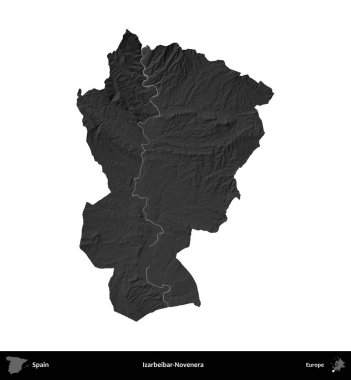 Izarbeibar-Novenera. İspanya 'nın idari bölgesi gri ölçekli yükseklik haritasında beyaza izole edildi