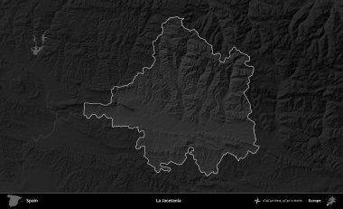 La Jacetania 'da. İspanya 'nın idari alanı belirtilmiş ve koyu gri tonlu yükseklik haritasına göre özetlenmiştir