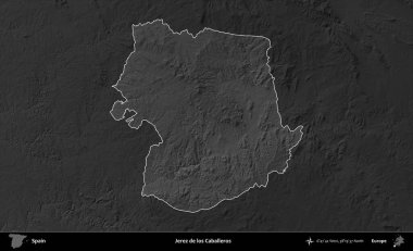 Jerez de los Caballeros. İspanya 'nın idari alanı belirtilmiş ve koyu gri tonlu yükseklik haritasına göre özetlenmiştir