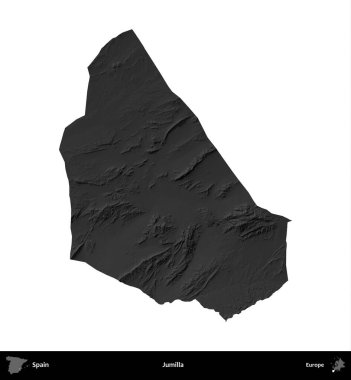 Jumilla. İspanya 'nın idari bölgesi gri ölçekli yükseklik haritasında beyaza izole edildi