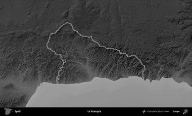 La Axarquia 'da. İspanya 'nın idari bölgesi gri ölçekli yükseklik haritasında belirtilmiştir