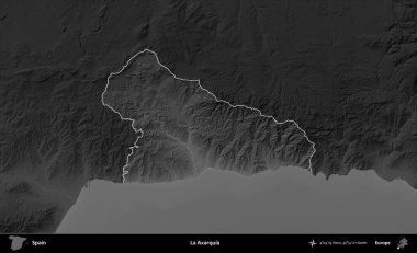 La Axarquia 'da. İspanya 'nın idari alanı belirtilmiş ve koyu gri tonlu yükseklik haritasına göre özetlenmiştir