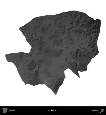 La Janda. İspanya 'nın idari bölgesi gri ölçekli yükseklik haritasında beyaza izole edildi