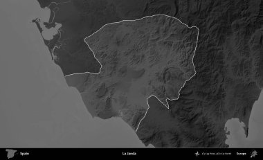 La Janda. İspanya 'nın idari alanı belirtilmiş ve koyu gri tonlu yükseklik haritasına göre özetlenmiştir