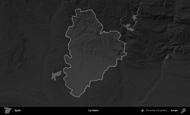 La Litera. İspanya 'nın idari alanı belirtilmiş ve koyu gri tonlu yükseklik haritasına göre özetlenmiştir