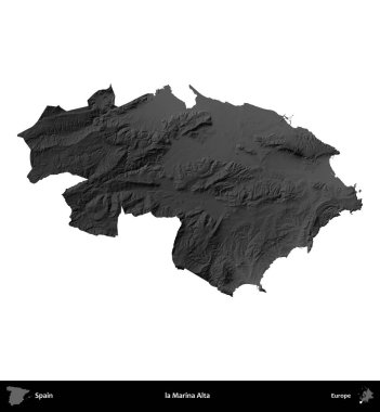 Marina Alta. İspanya 'nın idari bölgesi gri ölçekli yükseklik haritasında beyaza izole edildi