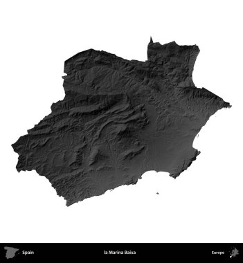 Marina Baixa 'da. İspanya 'nın idari bölgesi gri ölçekli yükseklik haritasında beyaza izole edildi