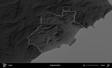 Marina Baixa 'da. İspanya 'nın idari alanı belirtilmiş ve koyu gri tonlu yükseklik haritasına göre özetlenmiştir