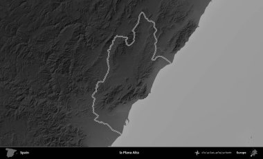 la Plana Alta. İspanya 'nın idari bölgesi gri ölçekli yükseklik haritasında belirtilmiştir