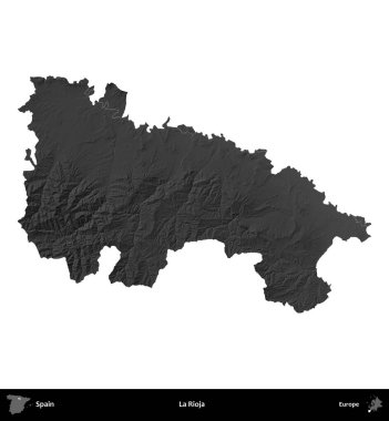 La Rioja. İspanya 'nın idari bölgesi gri ölçekli yükseklik haritasında beyaza izole edildi