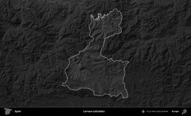 Larraun-Leitzaldea. İspanya 'nın idari alanı belirtilmiş ve koyu gri tonlu yükseklik haritasına göre özetlenmiştir