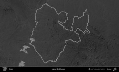 Llanos de Olivenza. İspanya 'nın idari bölgesi gri ölçekli yükseklik haritasında belirtilmiştir