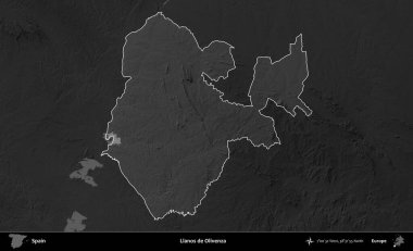 Llanos de Olivenza. İspanya 'nın idari alanı belirtilmiş ve koyu gri tonlu yükseklik haritasına göre özetlenmiştir
