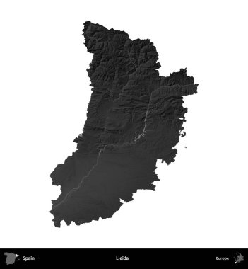 Lleida. İspanya 'nın idari bölgesi gri ölçekli yükseklik haritasında beyaza izole edildi