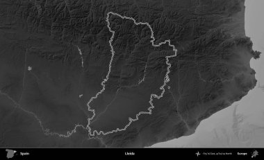 Lleida. İspanya 'nın idari bölgesi gri ölçekli yükseklik haritasında belirtilmiştir
