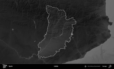 Lleida. İspanya 'nın idari alanı belirtilmiş ve koyu gri tonlu yükseklik haritasına göre özetlenmiştir
