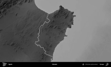 Llevant. İspanya 'nın idari bölgesi gri ölçekli yükseklik haritasında belirtilmiştir