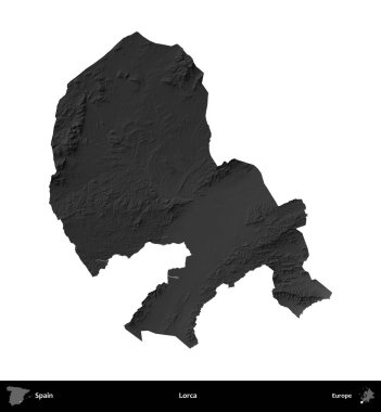 Lorca. İspanya 'nın idari bölgesi gri ölçekli yükseklik haritasında beyaza izole edildi
