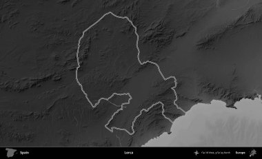 Lorca. İspanya 'nın idari bölgesi gri ölçekli yükseklik haritasında belirtilmiştir