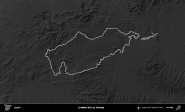 Comarca de Los Montes. İspanya 'nın idari bölgesi gri ölçekli yükseklik haritasında belirtilmiştir