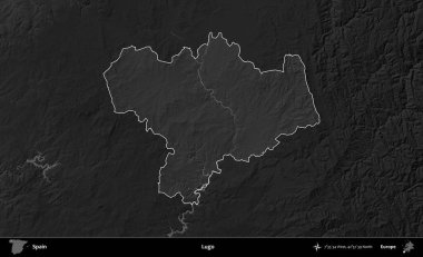 Lugo. İspanya 'nın idari alanı belirtilmiş ve koyu gri tonlu yükseklik haritasına göre özetlenmiştir
