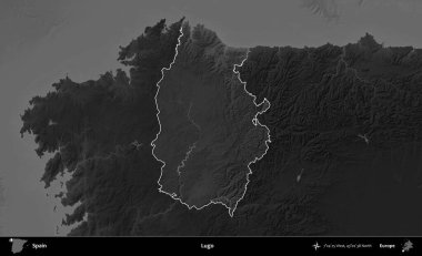 Lugo. İspanya 'nın idari alanı belirtilmiş ve koyu gri tonlu yükseklik haritasına göre özetlenmiştir